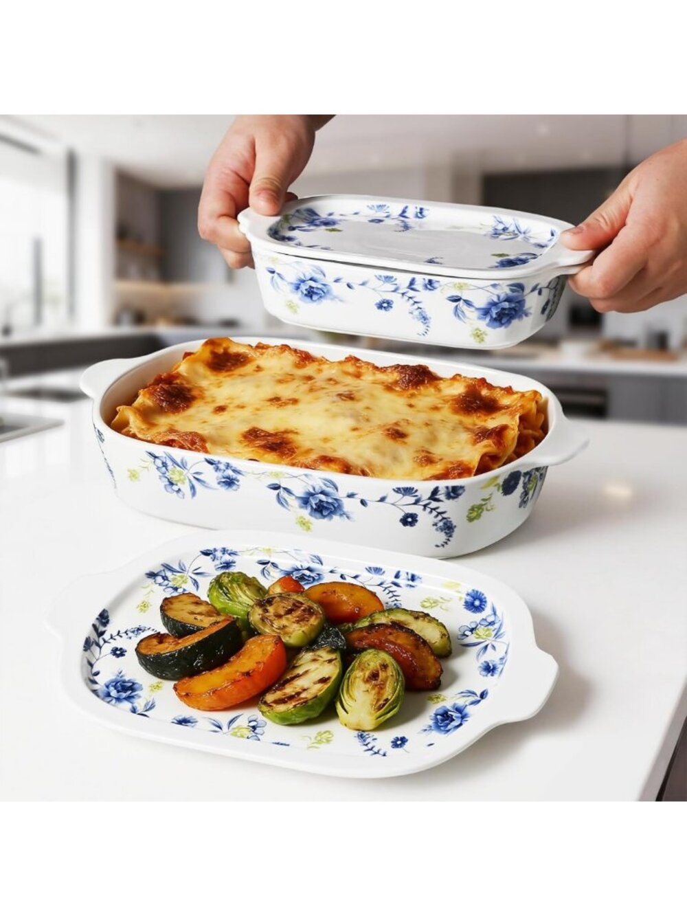 4-Piece Ceramic Casserole Bakeware Set with Lids - Oven & Microwave Safe, 13x8
